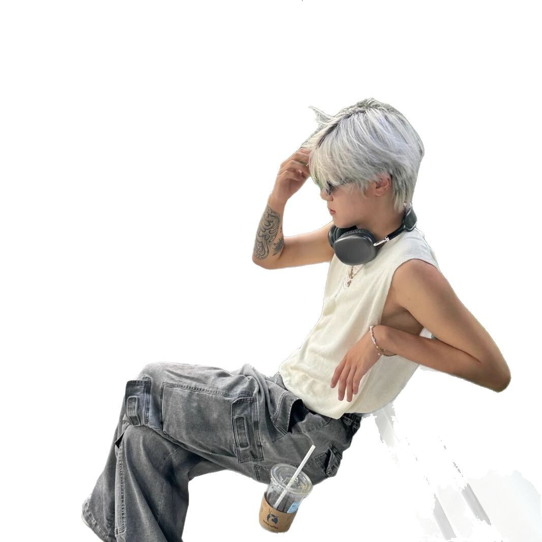 Lazy Thin Niche Hollow V-neck Design Sleeveless Knitted Vest For Men Designer Short Sleeves Loose American Retro Pullover Top