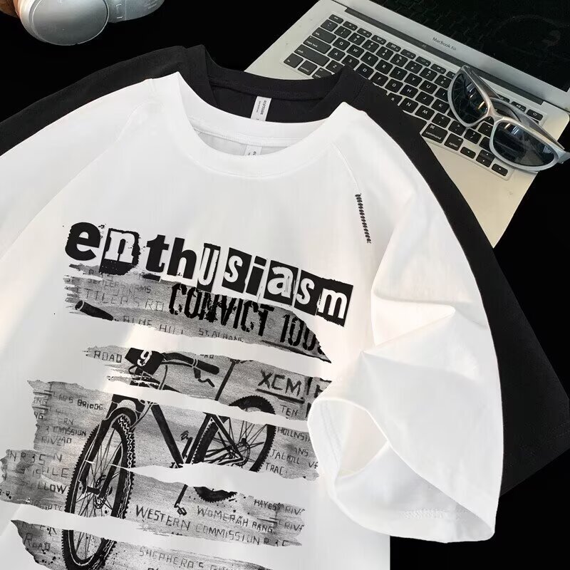 Trendy American Heavyweight 220g Designer Short Sleeves Cotton T-shirt For Men Summer Short Sleeve Loose Versatile Casual Couple Five-quarter Sleeve T