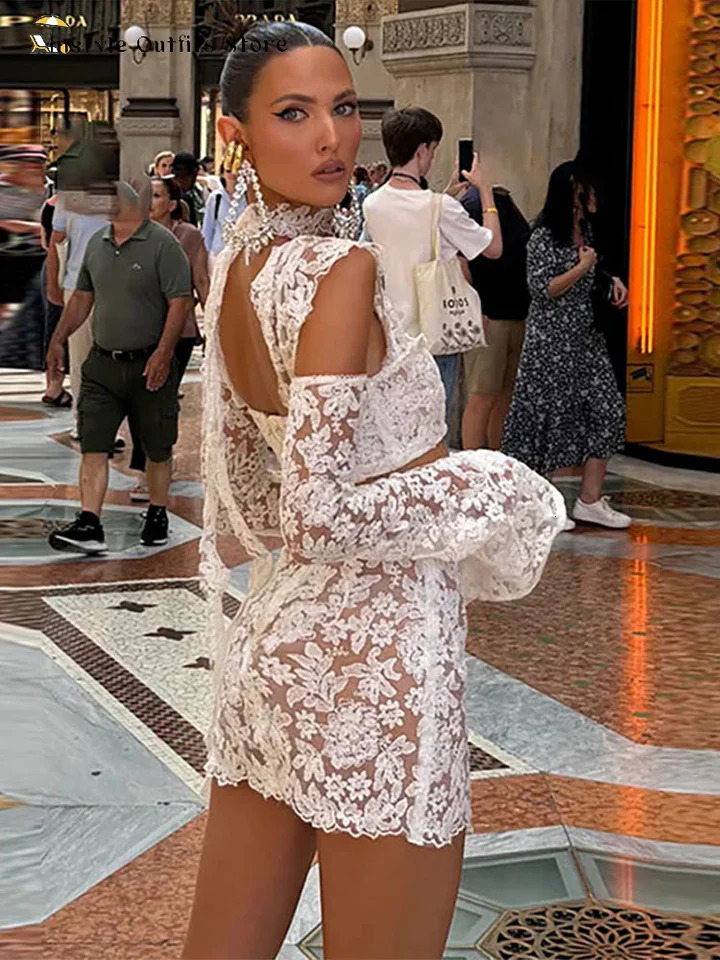 Lace Mini Skirt Set Women Hollow Out Cold Shoulder Crop Top Side Split Skirts Suit Female Summer Holiday Sexy Sets Lady Beach 250703