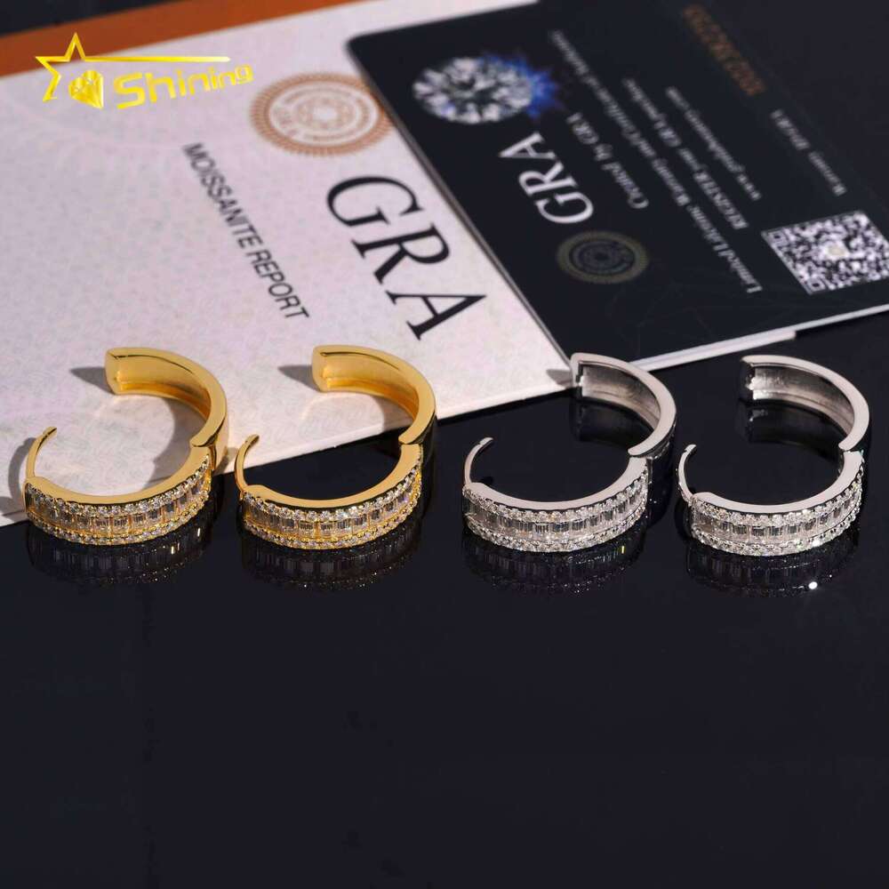 Premium Jewelry Sier Hip-Hop Gold-Plated Iced Baguette Moissanite Hoop Earrings