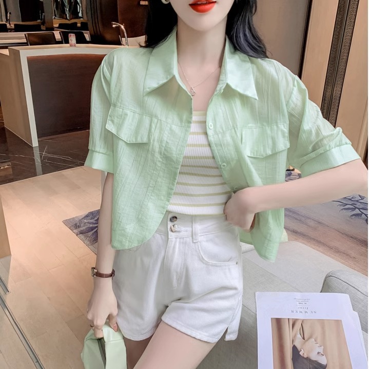 K1217 Chiffon polo collar short-sleeved short shirt sun protection clothing women's summer outerwear small shawl new cardigan top thin jacket