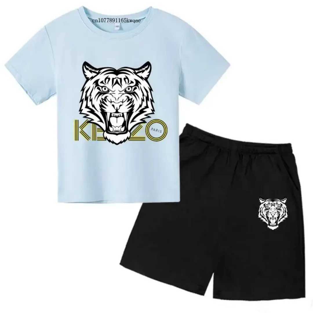2025 3-13 year old childrens tiger head summer 2-piece casual breathable T-shirt+shorts sports suit boys and girls casual suit z250703NLGG