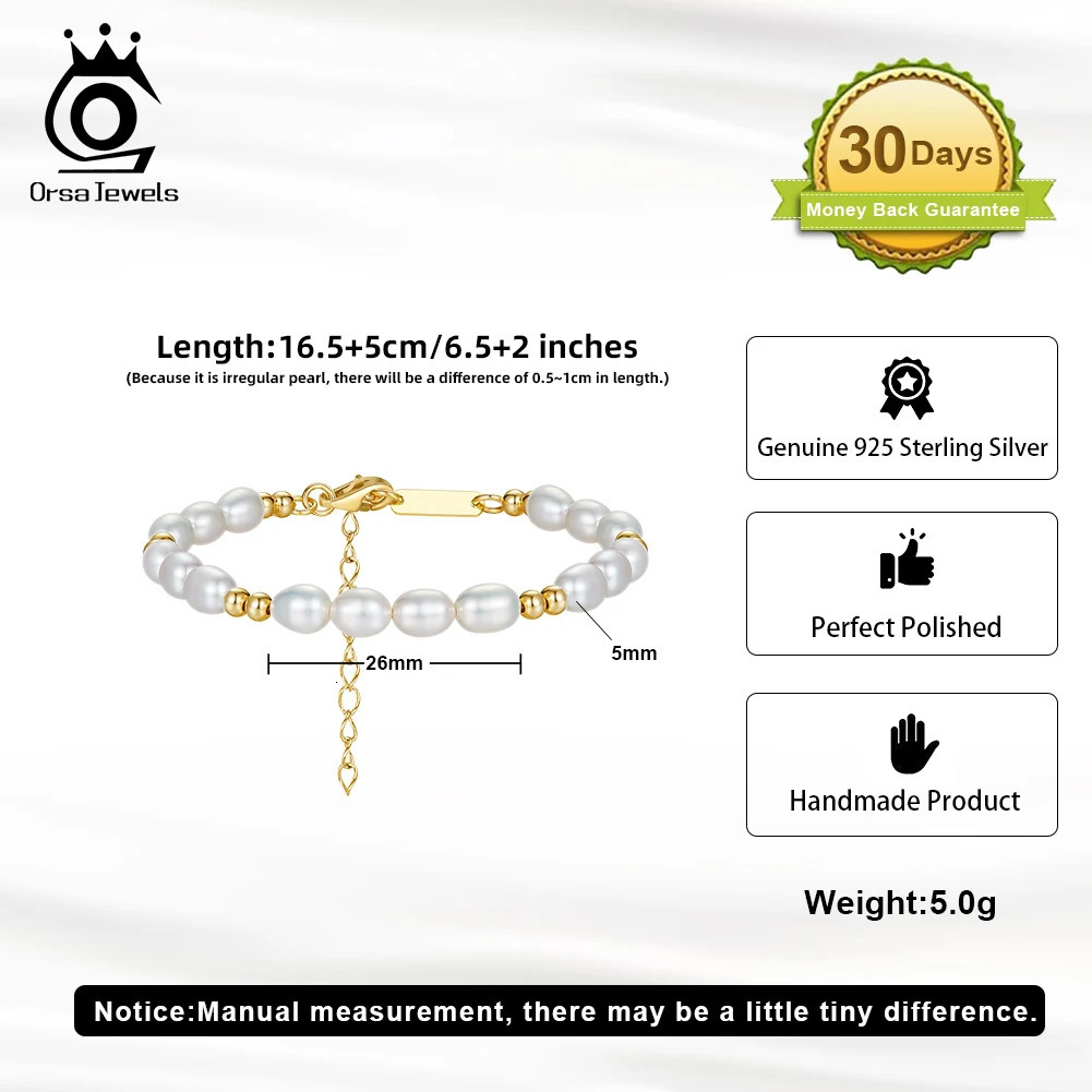 ORSA JEWELS Elegant 14K Gold Beads Bracelet 925 Sterling Silver Freshwater Pearl Chain Bracelets for Women Party Jewelry GPB36 250730
