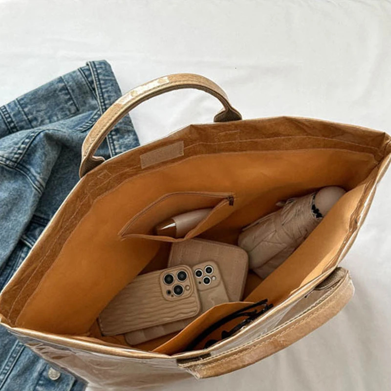 Solid Color Tote Bag PVC Kraft Paper Large Capacity Hobo Handbag Women Casual Shopping Letter Print Top Handle Hand Bags 250628