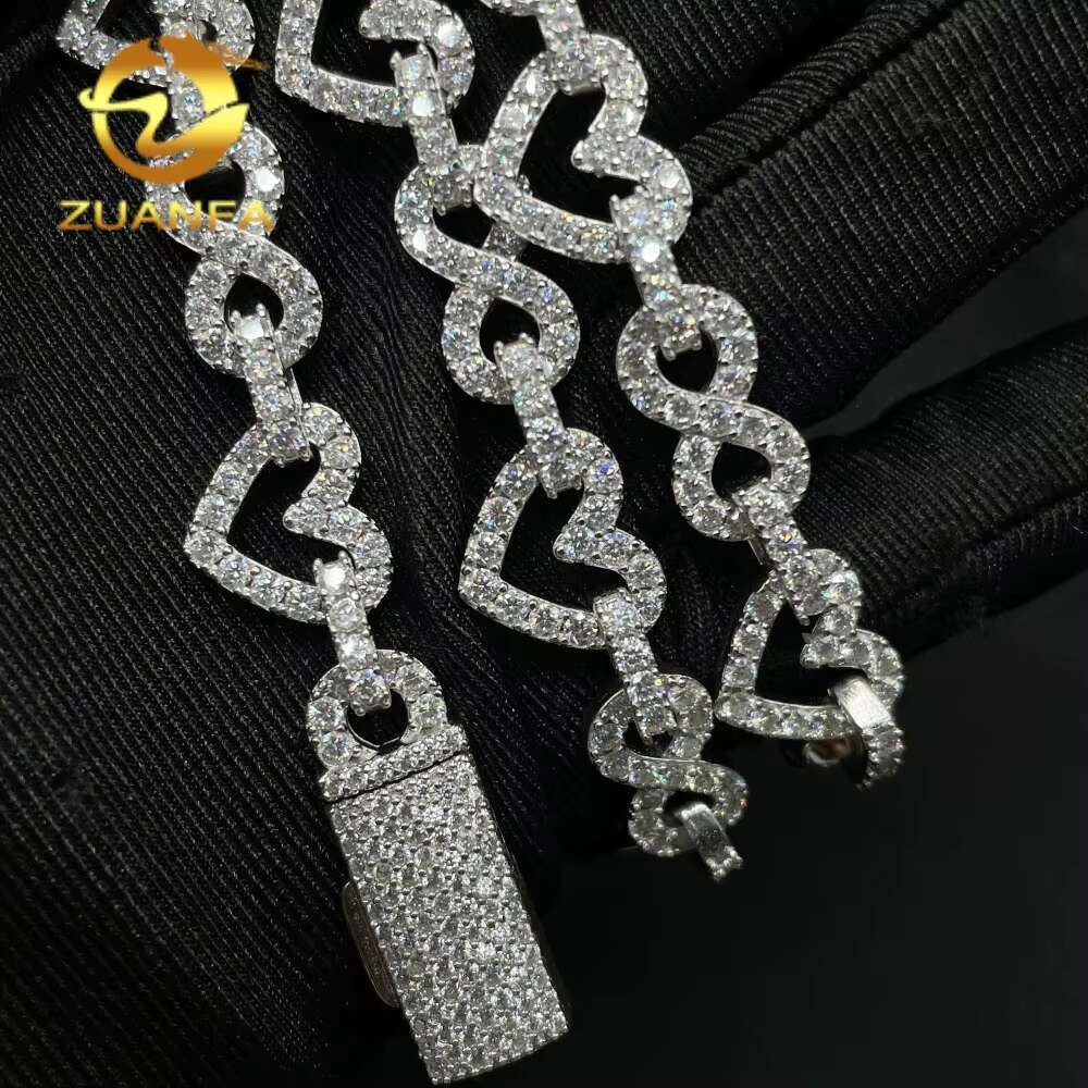 Hip Hop Jewelry Rapper Real 925 Sterling Silver 8.5MM Heart Style Missanite Iced Out Tennis Chain Infinity Chain Link Chain