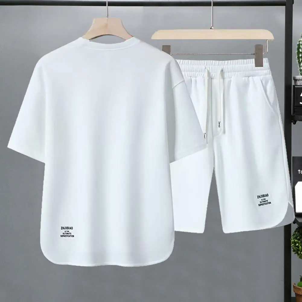 Men Sportswear Set Mens Retro Sportswear Set with Ice Silk T-shirt Shorts Loose Fit Solid Color Drawstring Waist for ActiveXJ250703
