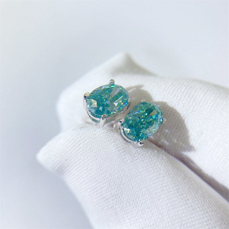 New Arrival Unisex Blue Green Oval Cut Iced Out VVS 925 Sterling Silver Moissanite Hip Hop Earrings