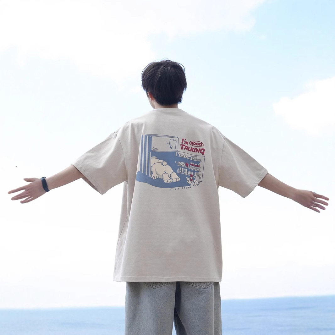 Factory Direct Supply 220g Heavy Cartoon Print Short Sleeve T-shirt Designer Short Sleeves For Men Summer Loose Playful Pure Cotton Half Sleeve Top