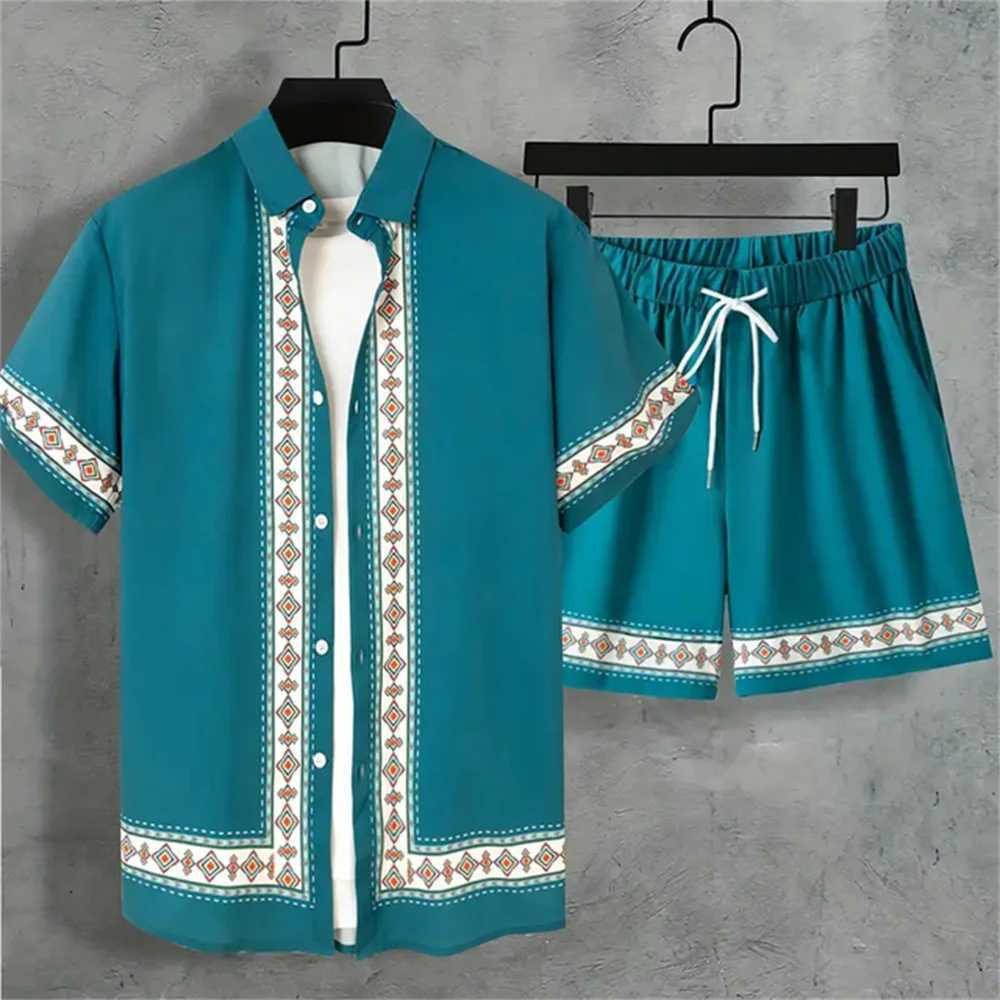 New Mens Summer Holiday Suit Retro Textured Printed Border y2k Shirt Short Sleeve Shorts Two Piece Mens Breathable Pool Suit XJ250703