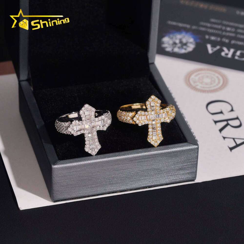 2025 New Cross Style Iced Out Long Bar Hip Hop Moissanite Men's Ring Silver Boutique Jewelry