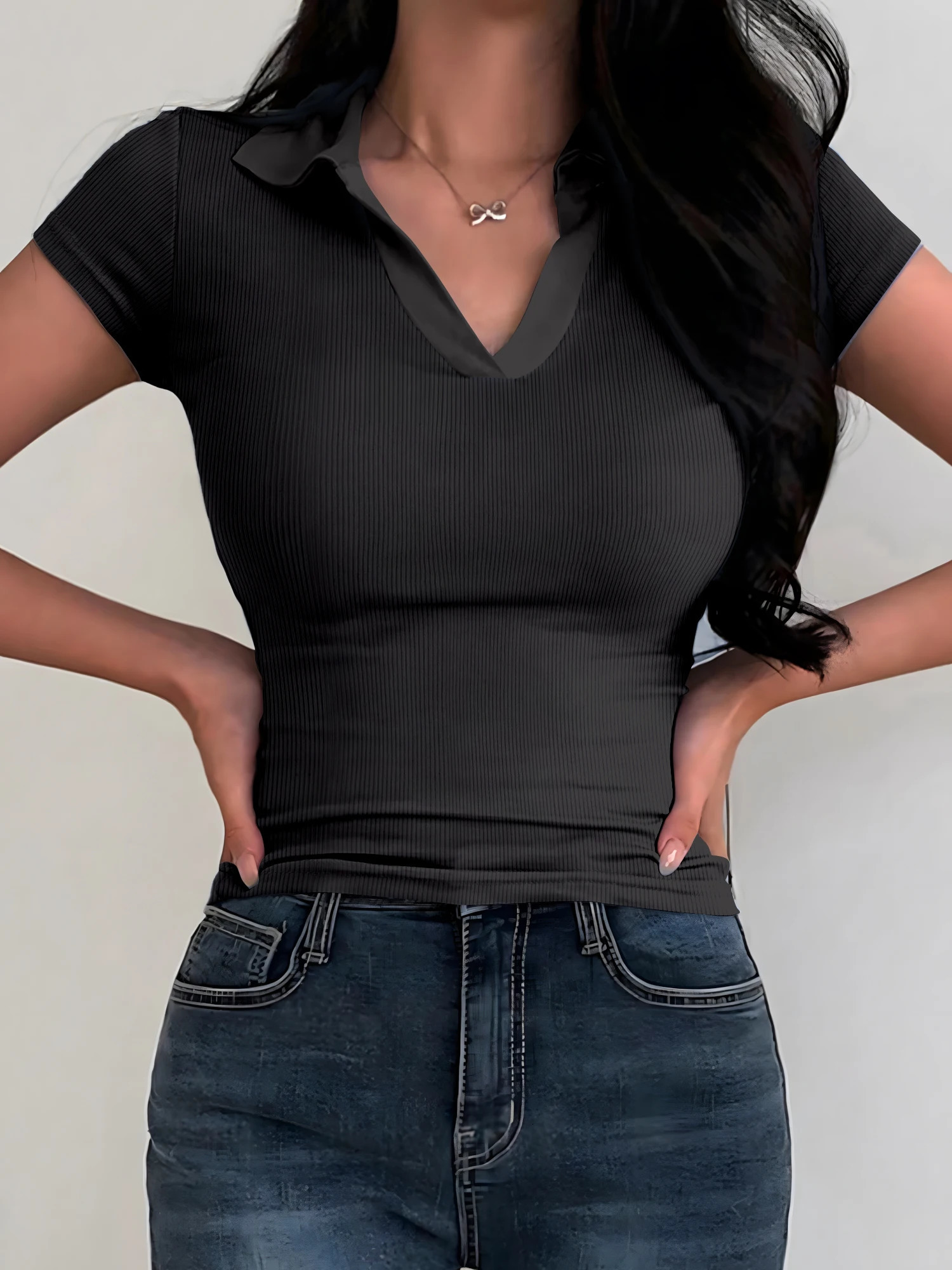 Summer Womens Color Collision POLO Shirt Slim Casual Solid Tops Home Workwear Vneck Shortsleeved Tshirt Female 250628