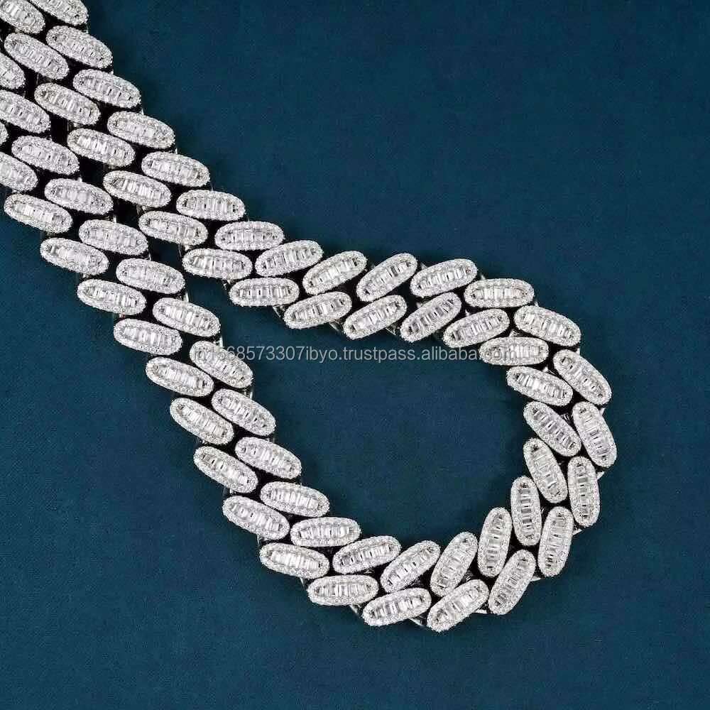 VVS1 D Color 15MM Baguette Miami Cuban Moissanite Diamond Cuban Link Chain 925 Sterling Silver Necklace for Sale