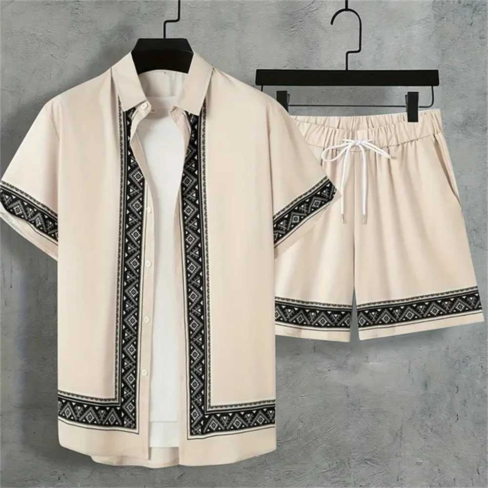 New Mens Summer Holiday Suit Retro Textured Printed Border y2k Shirt Short Sleeve Shorts Two Piece Mens Breathable Pool Suit XJ250703
