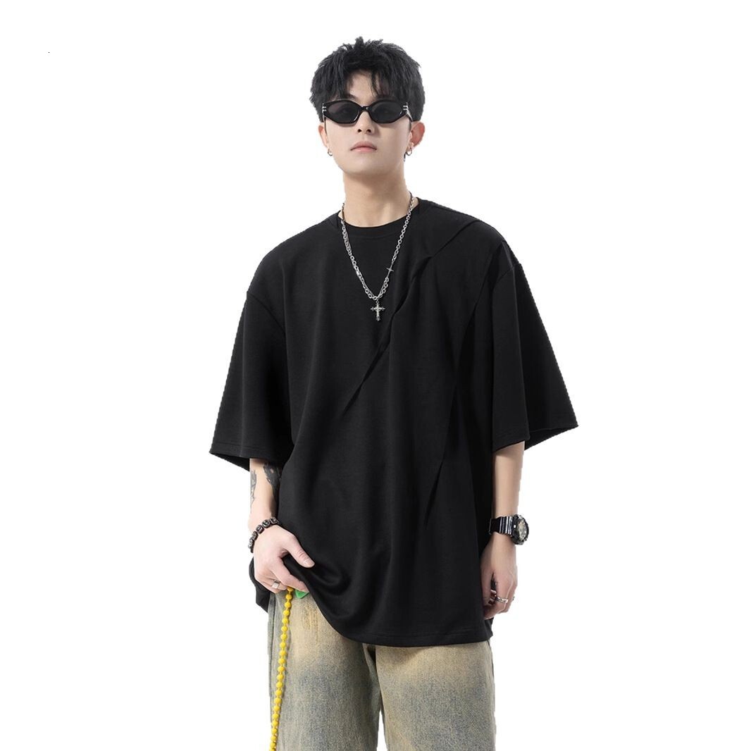 Asymmetrical Pleated Design Short Sleeve T-shirt For Men Designer Short Sleeves 2025 New Trendy Brand Summer Outfit Youth Round Neck Half Sleeve Tee S