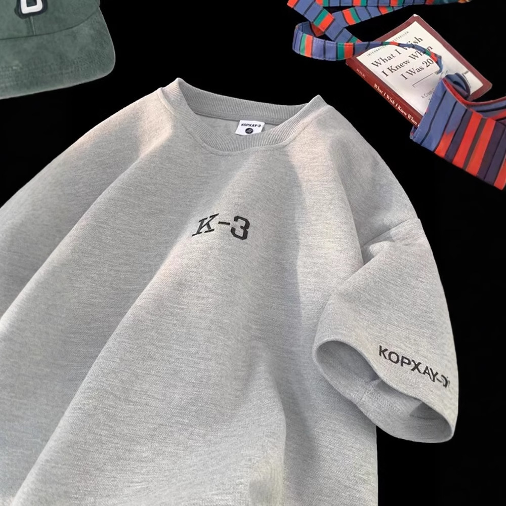 Letter Print Heavyweight Short Sleeve T-shirt Designer Short Sleeves For Men Summer American Retro Tee Shirt Youth Loose Round Neck Clothing