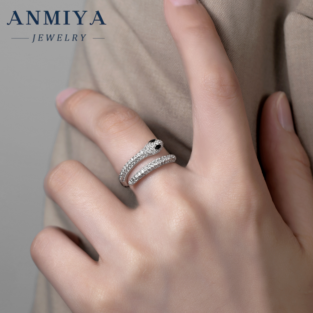 Modern Silver Jewelry Snake Open Ring Zircon Inlay Adjustable for Layering Contemporary Fashion
