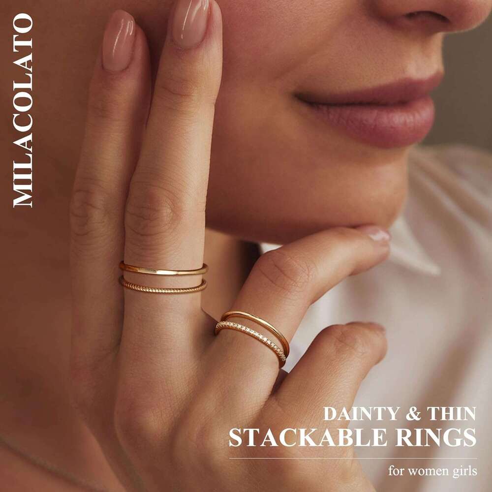 14K Filled 3 Gold 1.3mm Thin Stackable for Women Minimalist Non Tarnish Half Cubic Zirconia Band - Dainty Trendy Statement Stacking Rings Set Size 5-1