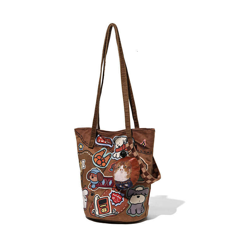 Leather Puppy New Illustration Casual Fashion Commuter Shoulder Bucket Cute Niche Crossbody Canvas Bag