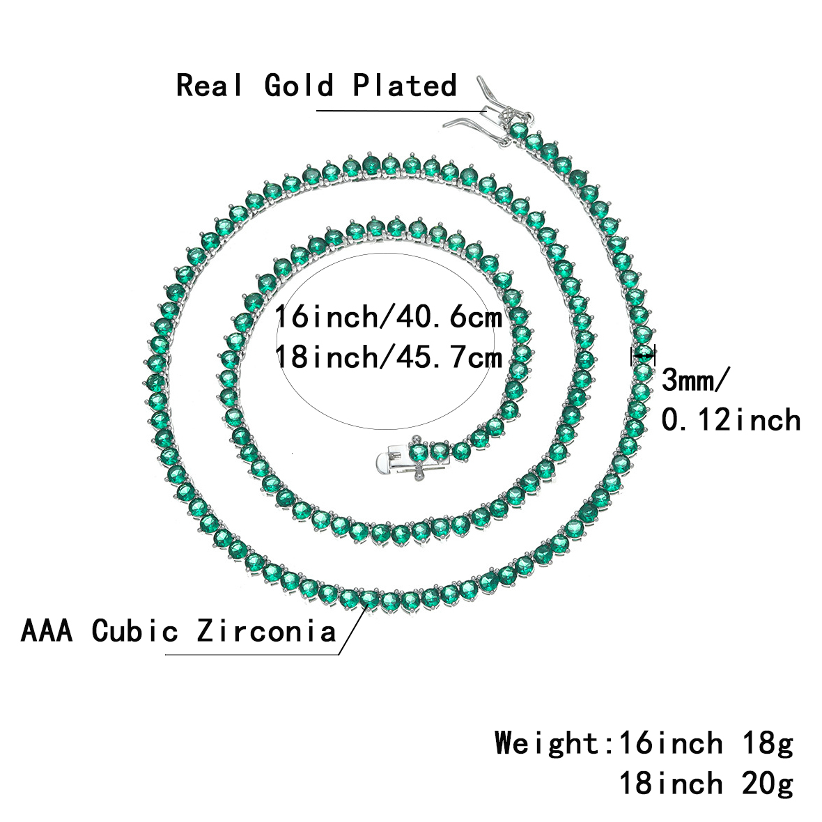 25-3mm Three-Pronged Full Bling Cubic Zirconia Emerald Tennis Chain Necklace Hip Hop Green Cz Stones Fashion Copper Iced Out Diamond Rapper Chains Col