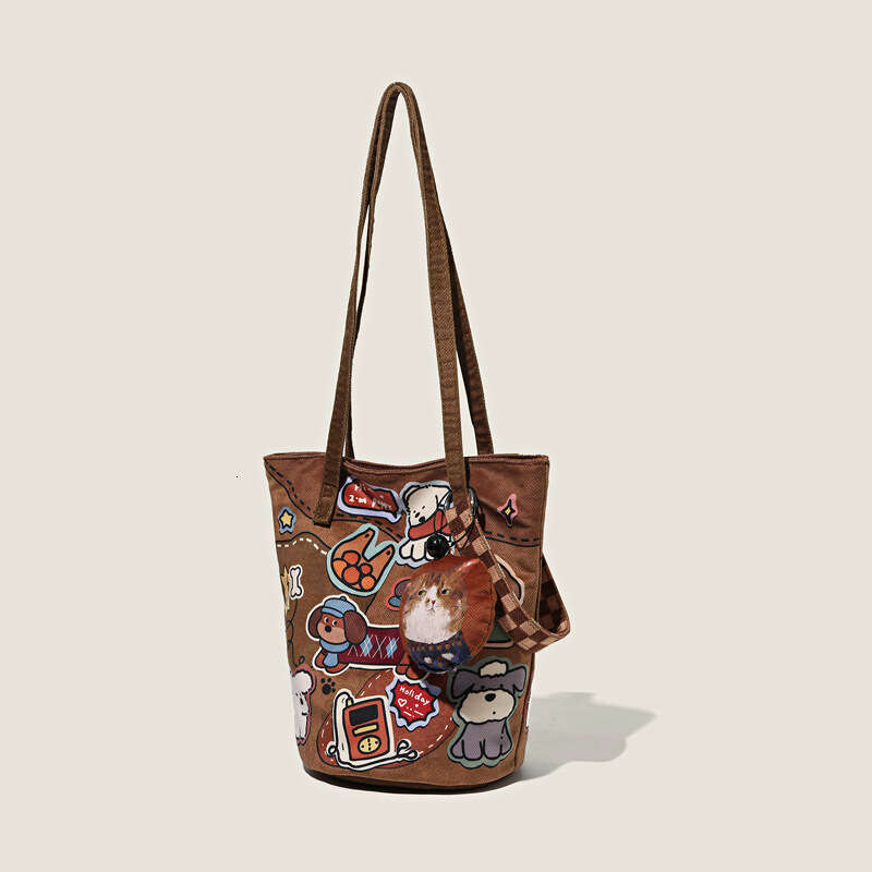 Leather Puppy New Illustration Casual Fashion Commuter Shoulder Bucket Cute Niche Crossbody Canvas Bag