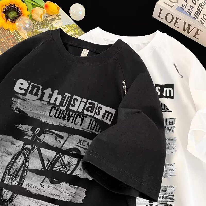 Trendy American Heavyweight 220g Designer Short Sleeves Cotton T-shirt For Men Summer Short Sleeve Loose Versatile Casual Couple Five-quarter Sleeve T