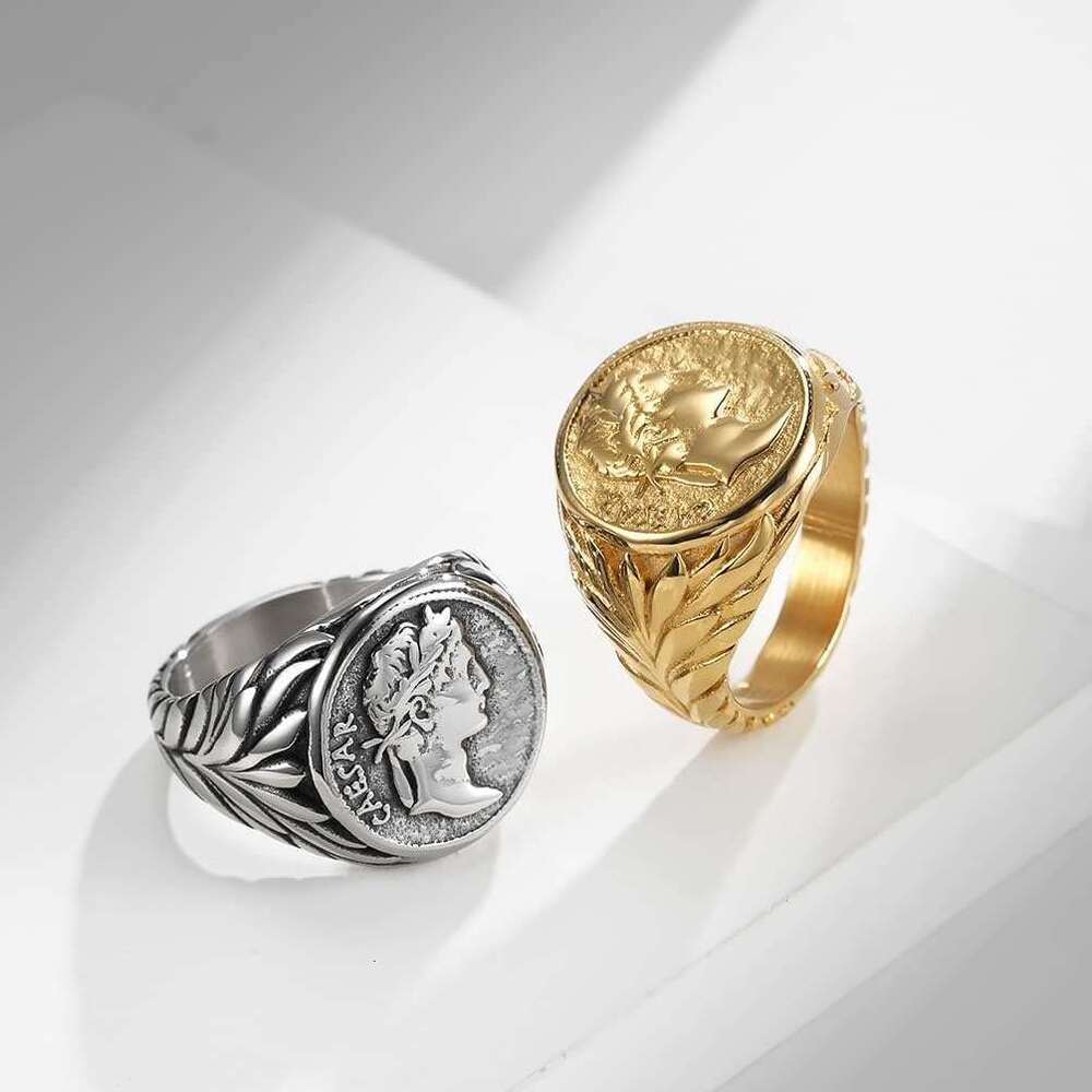Stainless Vintage 3 Steel Signet Rings for Men Women Roman Empire Caesar The Great Coin Statement Ring Band