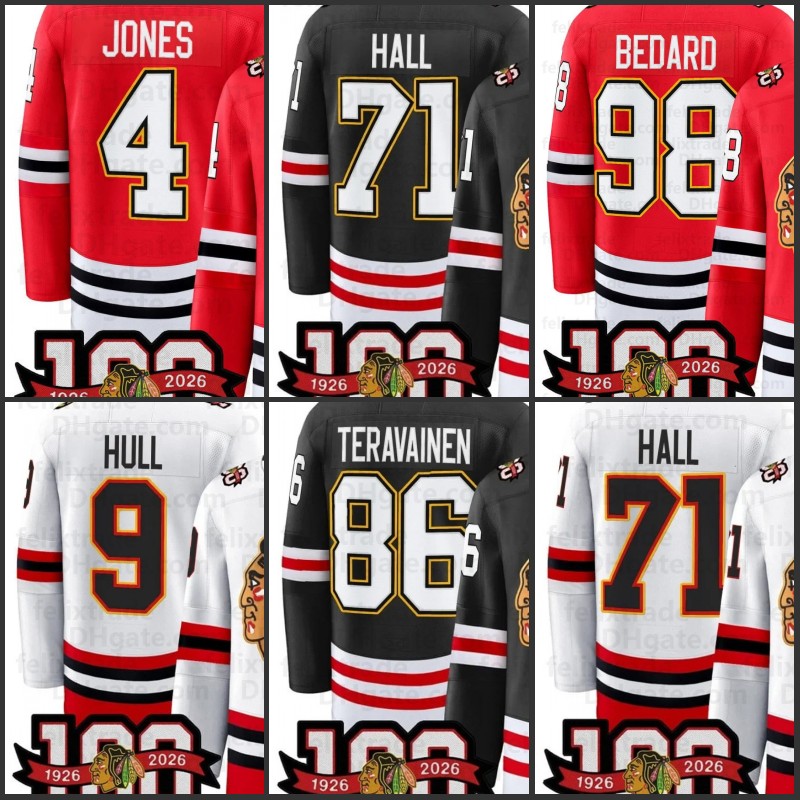 Black hawk 2025 100th Anniversary Jersey 98 Bedard 72 Vlasic 86 Teravainen 90 Ludwinski 15 Smith 17 Foligno 59 Bertuzzi 71 Hall 73 Reichel 22 Anderson 78 Brodie