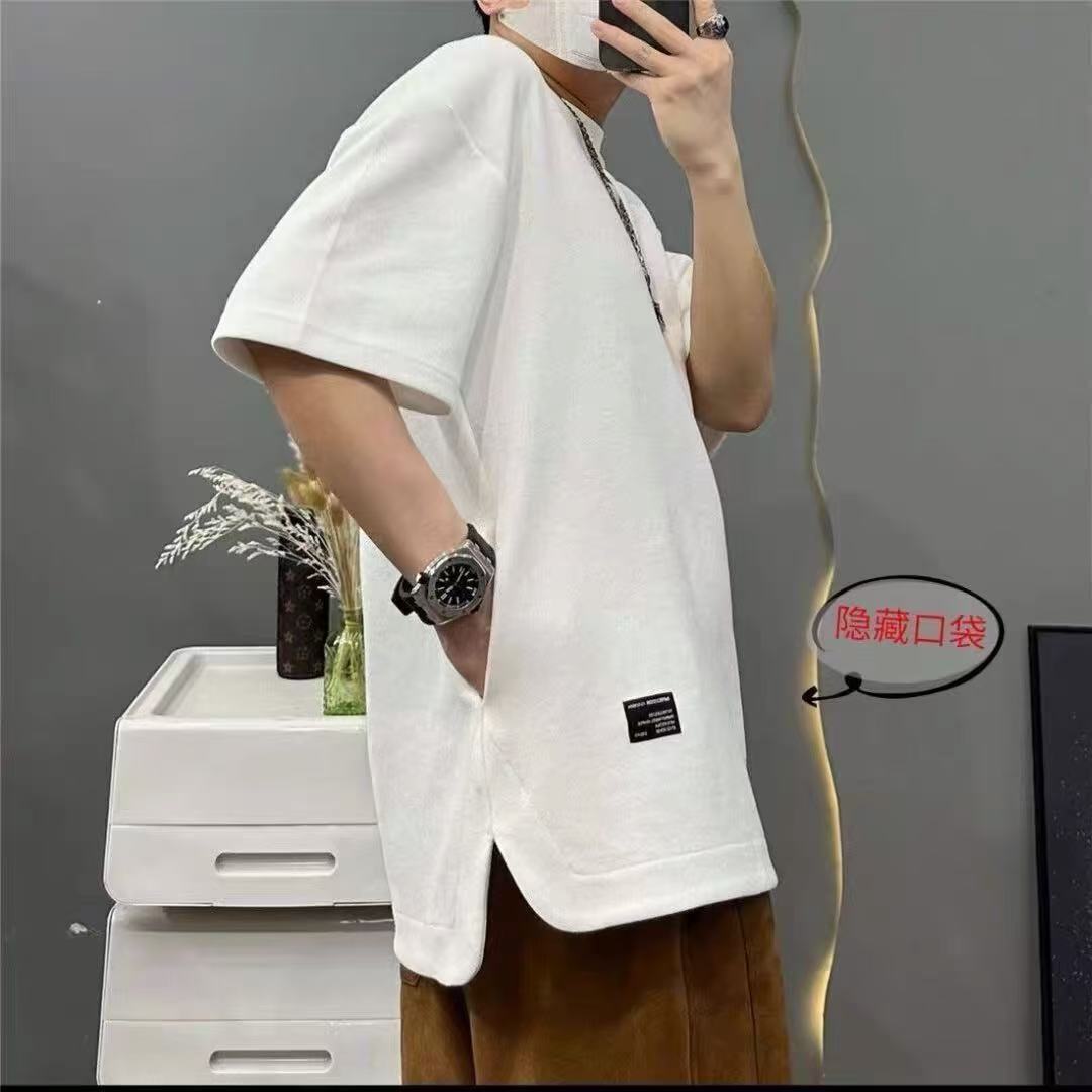 Designer Short Sleeves Hidden Pocket T-shirt Ice Silk Short Sleeve Unisex Round Neck Versatile 2025 Summer New Trend Solid Color Loose Plus Size