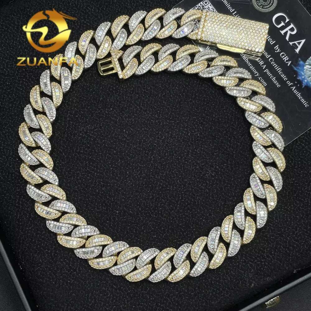 High Quality Hip Hop Jewelry 15mm Miami Style 925 Silver Bagettes Iced Out Moissanite Cuban Link Chain Necklace