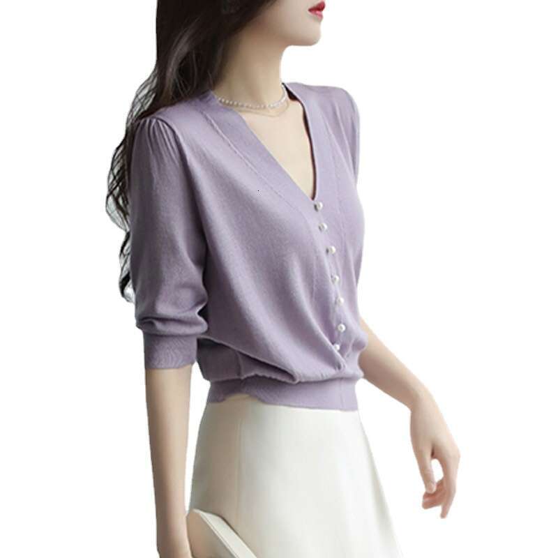 New Fashion Summer Mid-Sleeve V-Neck Elegant Purple Ice Silk Knit Top T-Shirt Women's Blouse B5