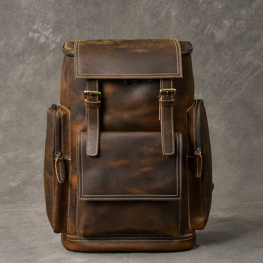 Vintage Crazy Horse Genuine Leather Backpack Men Leather Bagpack Climbing Rucksack male Large Hiking Backpack M814 Z250702