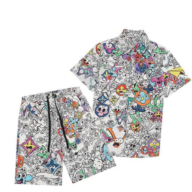 Mens sports suit designer shirt shorts two-piece set fashionable casual loose button mens and womens sportswear