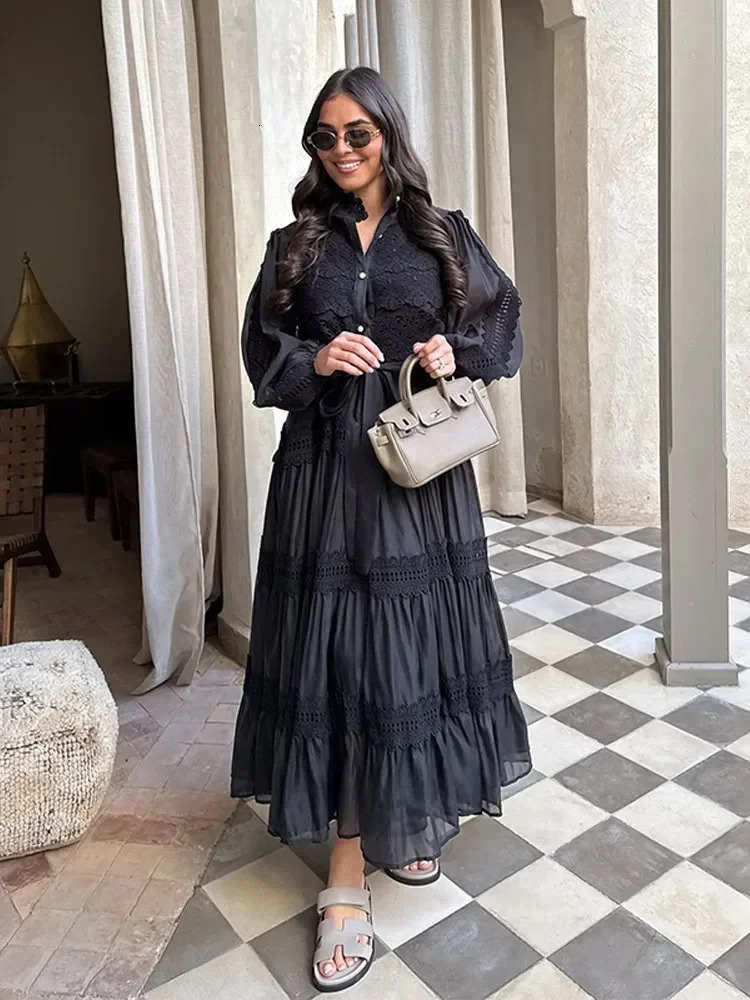 Hollow Out Embroidery Patchwork A-line Long Dress Elegant Women Long Sleeve High Waist Lapel Pleated Dresses Holiday Ruffle Robe 250626