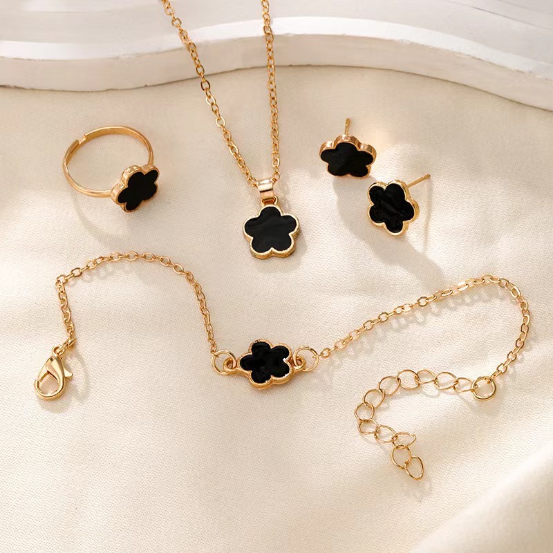 Five-Leaved Designs Jewelry Set For Women Simple Petal Necklace, Bracelet, Ring And EarStud 4-Piece Set