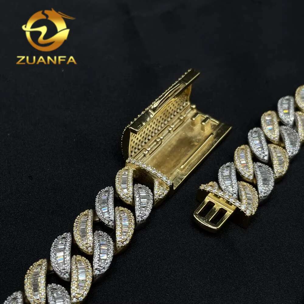 High Quality Hip Hop Jewelry 15mm Miami Style 925 Silver Bagettes Iced Out Moissanite Cuban Link Chain Necklace