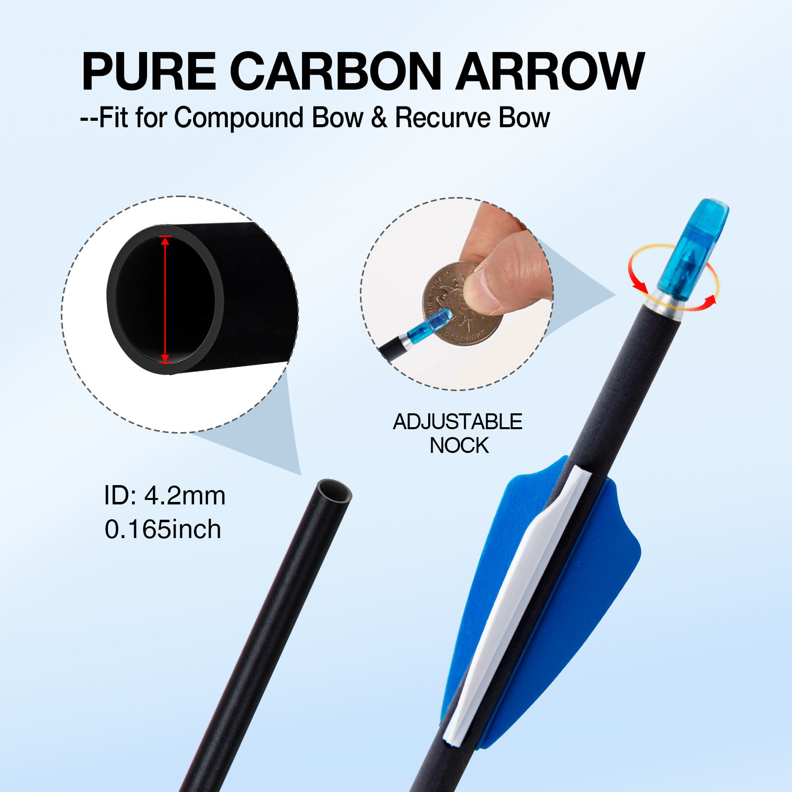 31inch Archery Arrows without Arrowheads Carbon Targeting Arrows 4.2mm Training Arrows for Recurve Bow & Compound Bow Spine 350-1500 Arrows (12Pcs)