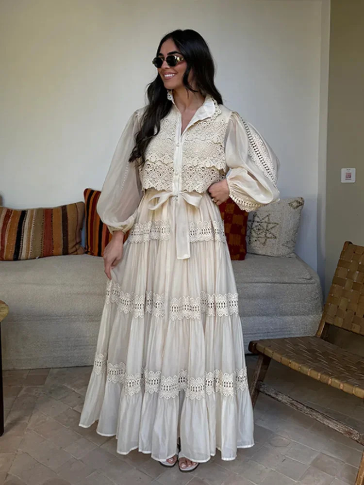 Hollow Out Embroidery Patchwork A-line Long Dress Elegant Women Long Sleeve High Waist Lapel Pleated Dresses Holiday Ruffle Robe 250626