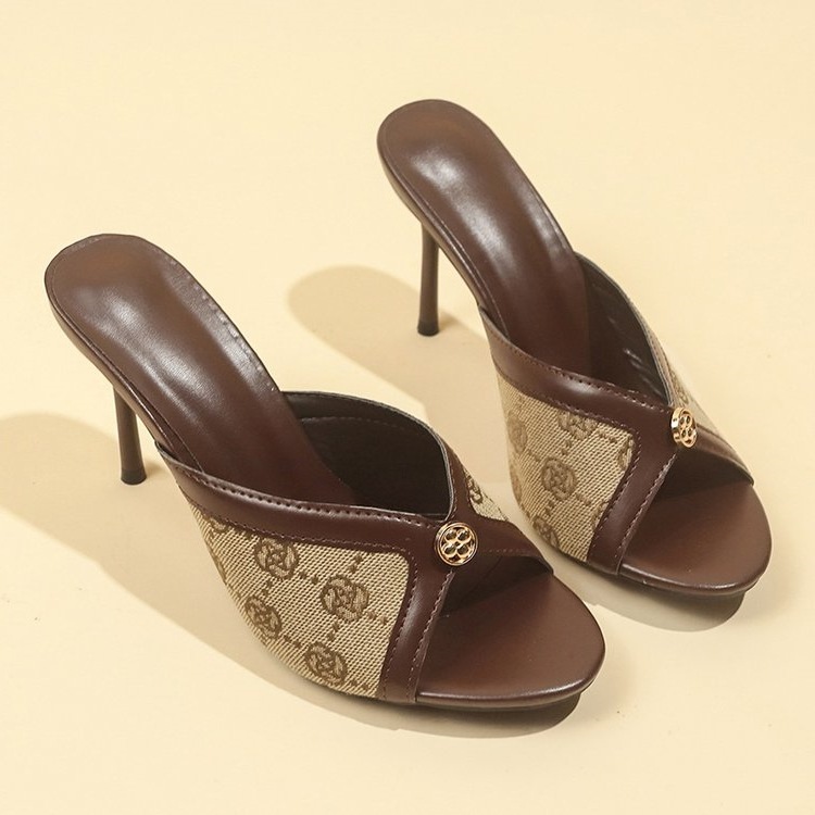 Sandals shoes Designer Fish mouth exposed toes slim heels new slippers with chain buckle print high-heeled sandals for women