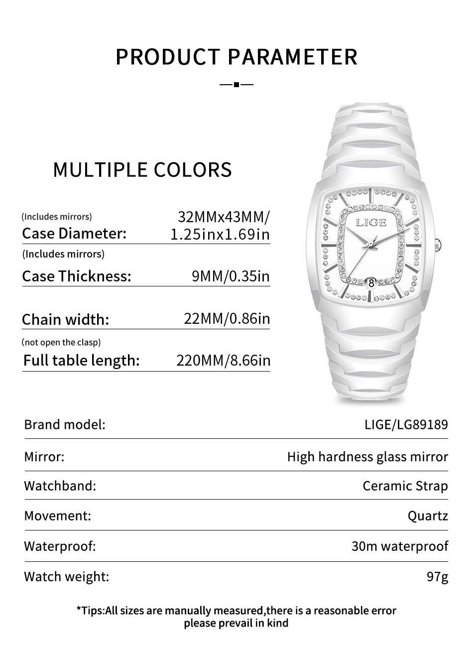 LIGE quartz Watch Waterproof Watch Top Brand Men's and Women's Universal Style Square Case Fashion Business Watch Holiday Gift Three-Pin Cal