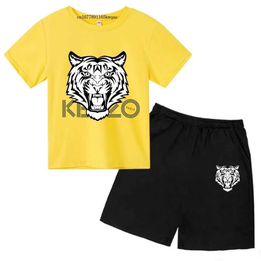 2025 3-13 year old childrens tiger head summer 2-piece casual breathable T-shirt+shorts sports suit boys and girls casual suit z250703NLGG