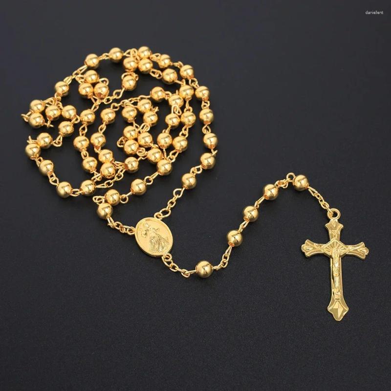 Pendant Necklaces Gold Color Rosary Necklace For Women Men Long 6MM Beads Chain Crucifix Cross Religious Prayer Party Jewelry Gift