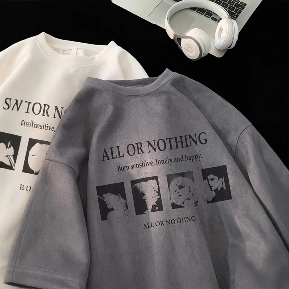 American Heavyweight Suede Round Neck Short Sleeve T-shirt For Designer Short Sleeves Men 2025 Summer Thin Loose Fit Plus Size Versatile Half Sleeve C