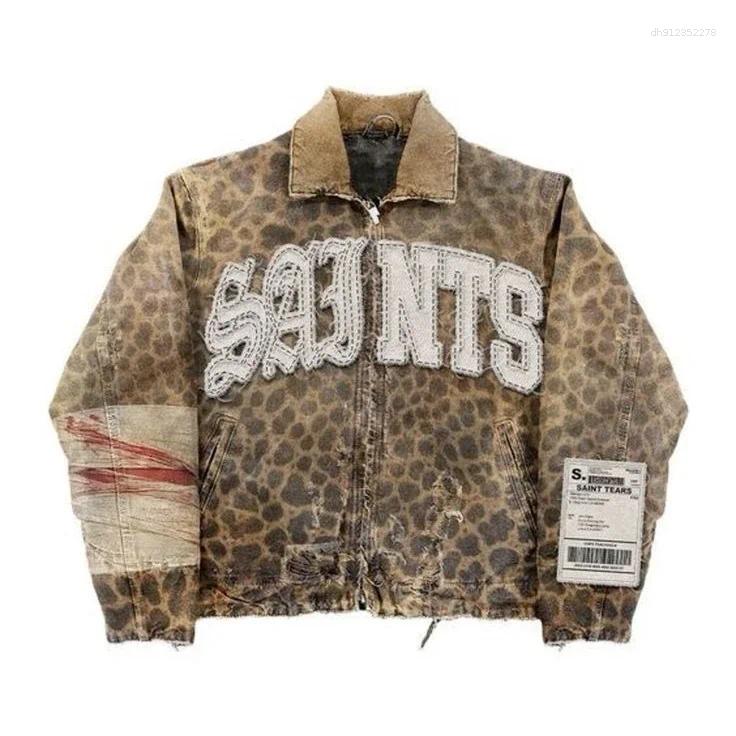 Men's Jackets Streetwear Vintage Leopard Camouflage Jacket Y2K Coats Men Women Hip Hop Letter Patchwork Embroidery Oversized Clothes