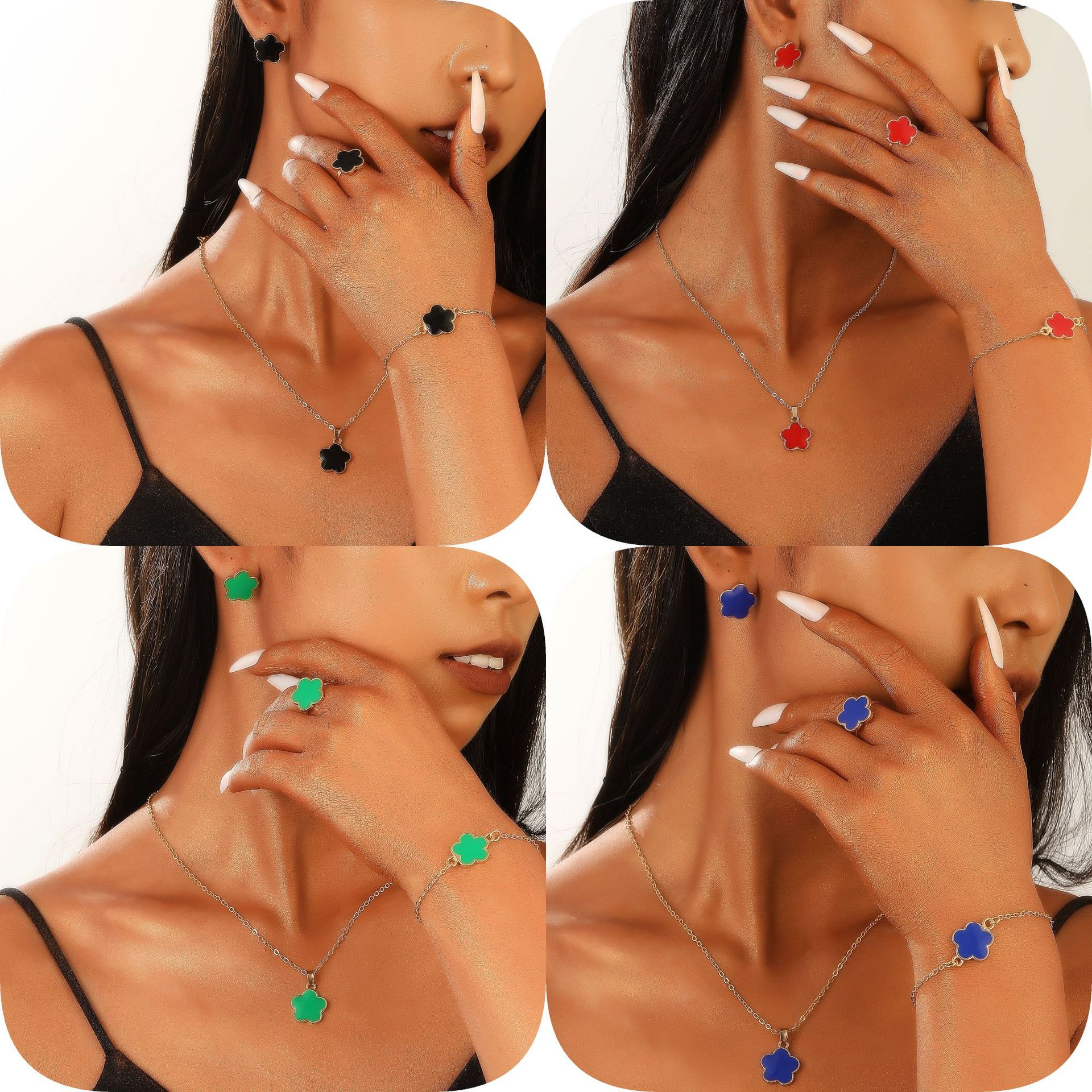 Five-Leaved Designs Jewelry Set For Women Simple Petal Necklace, Bracelet, Ring And EarStud 4-Piece Set