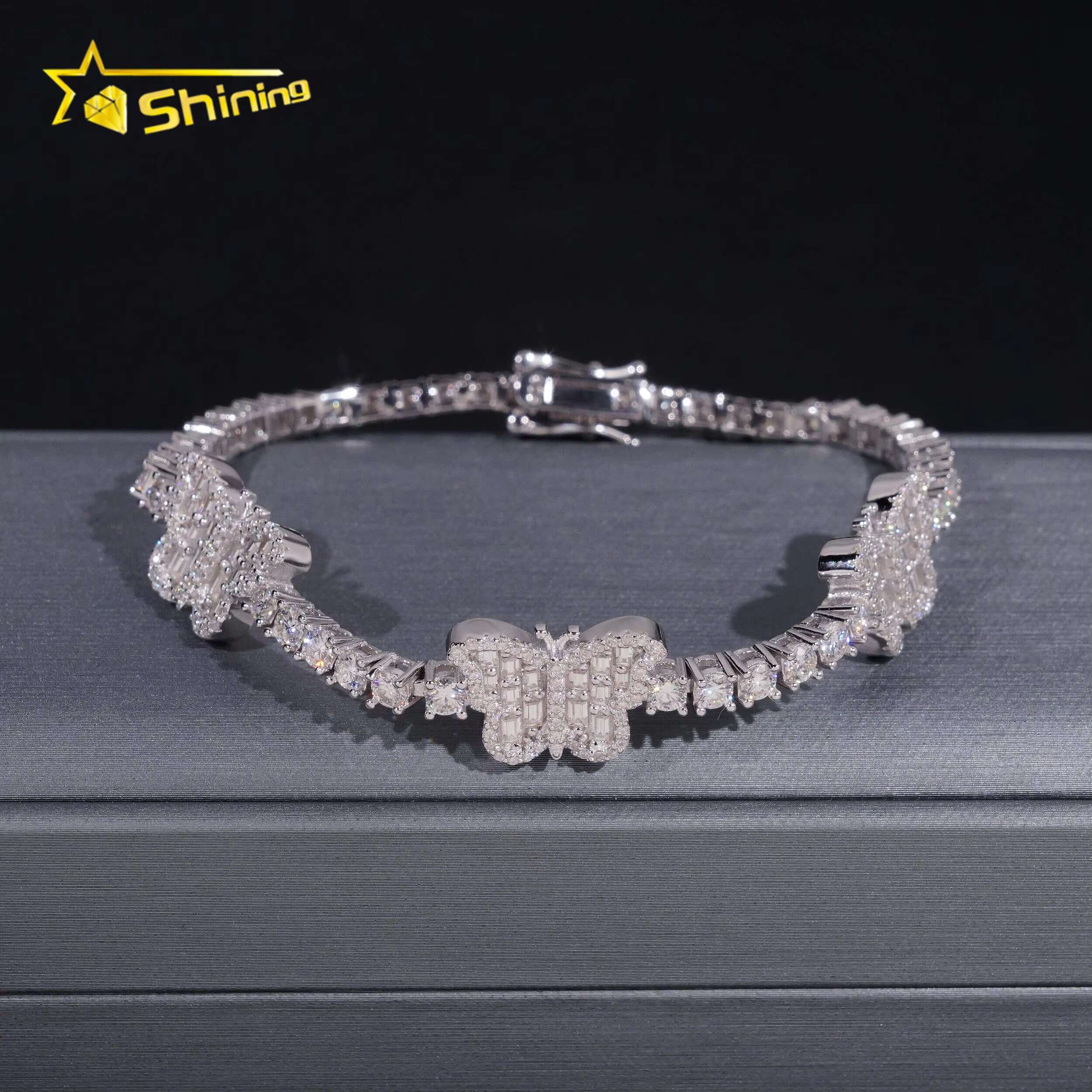 Luxury New Hip Hop 925 Silver 3mm Baguette Tennis Chain Moissanite Butterfly Bracelet GRA Certified