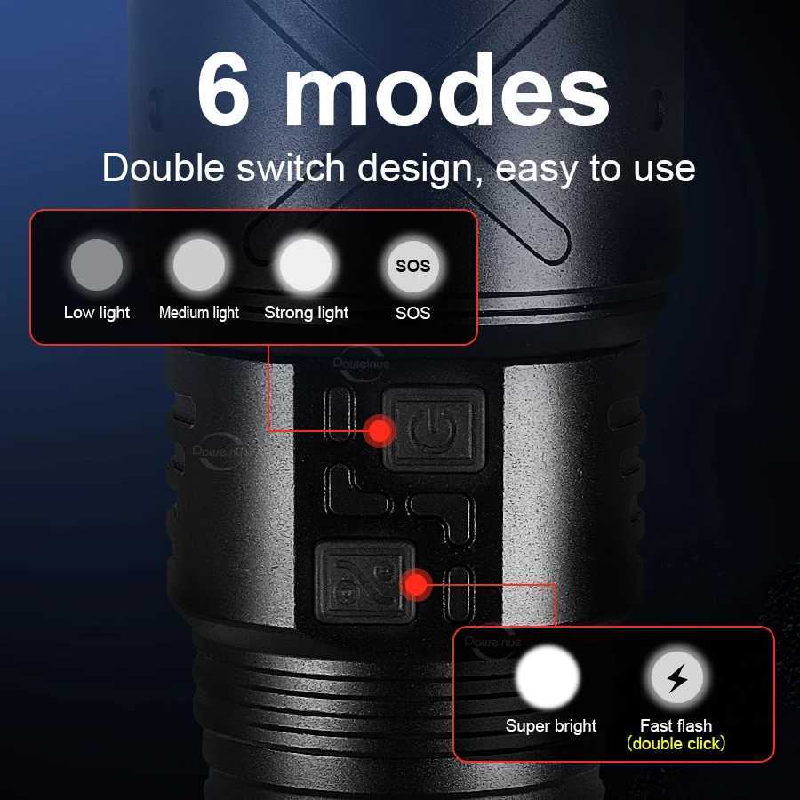 2025 New Ultra Bright LED Flashlight USB Rechargeable Zoom Flashlights Long Range 6000M Tactical Torch Camping Fishing Work Lamp R250703