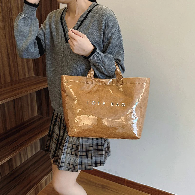 Solid Color Tote Bag PVC Kraft Paper Large Capacity Hobo Handbag Women Casual Shopping Letter Print Top Handle Hand Bags 250628