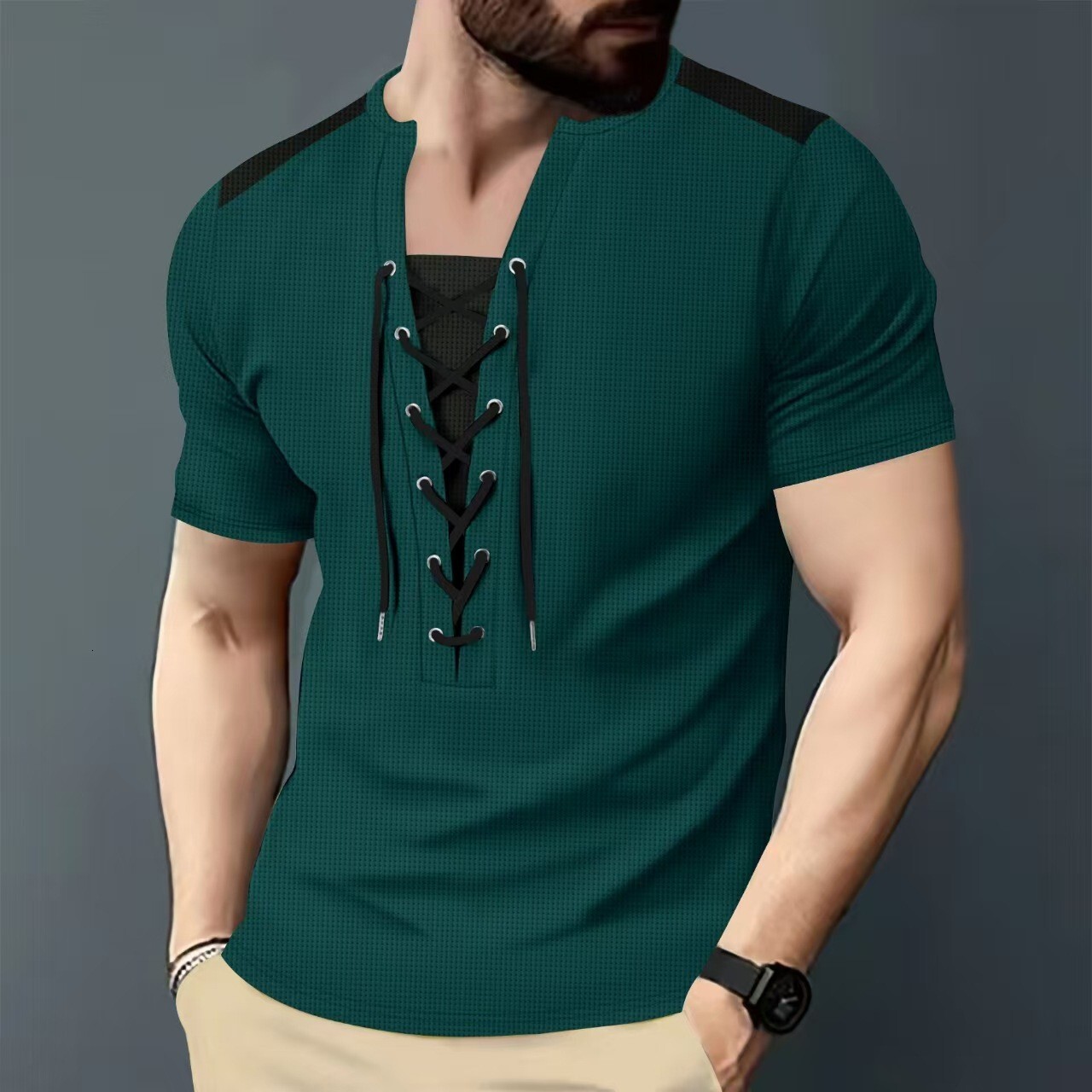 New Amazon Men's Waffle Texture Versatile Casual Color-block Patchwork Drawstring Designer T-shirt Summer Short Sleeves Crew Neck Short Sleeve T-