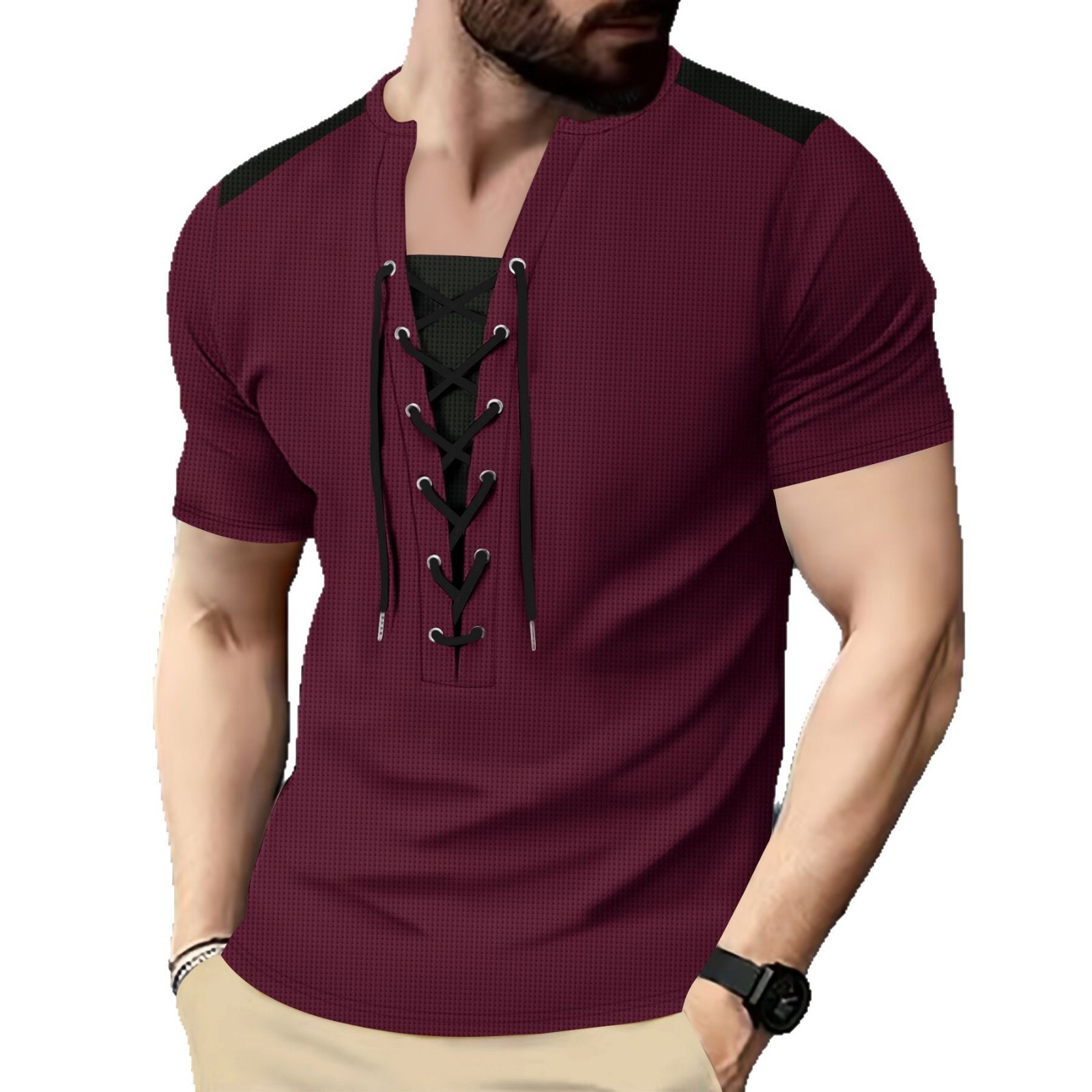 New Amazon Men's Waffle Texture Versatile Casual Color-block Patchwork Drawstring Designer T-shirt Summer Short Sleeves Crew Neck Short Sleeve T-
