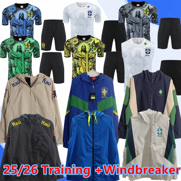 25 26 Brazil short sleeve tracksuit Sportswear men training suit windbreaker soccer Jersey kit uniform chandal G.JESUS COUTINHO VINI JR FRED adult kids football sets
